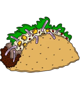 Vibrant Cartoon Taco Clipart with Ground Beef, Cheese, and Fresh Lettuce