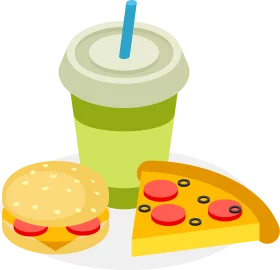 Vibrant Fast Food Combo Meal with Drink, Burger and Pizza Slice Clipart Illustration