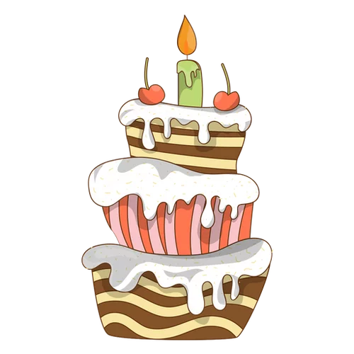 Whimsical Three-Tiered Celebration Cake with Candle and Cherries Clipart Illustration