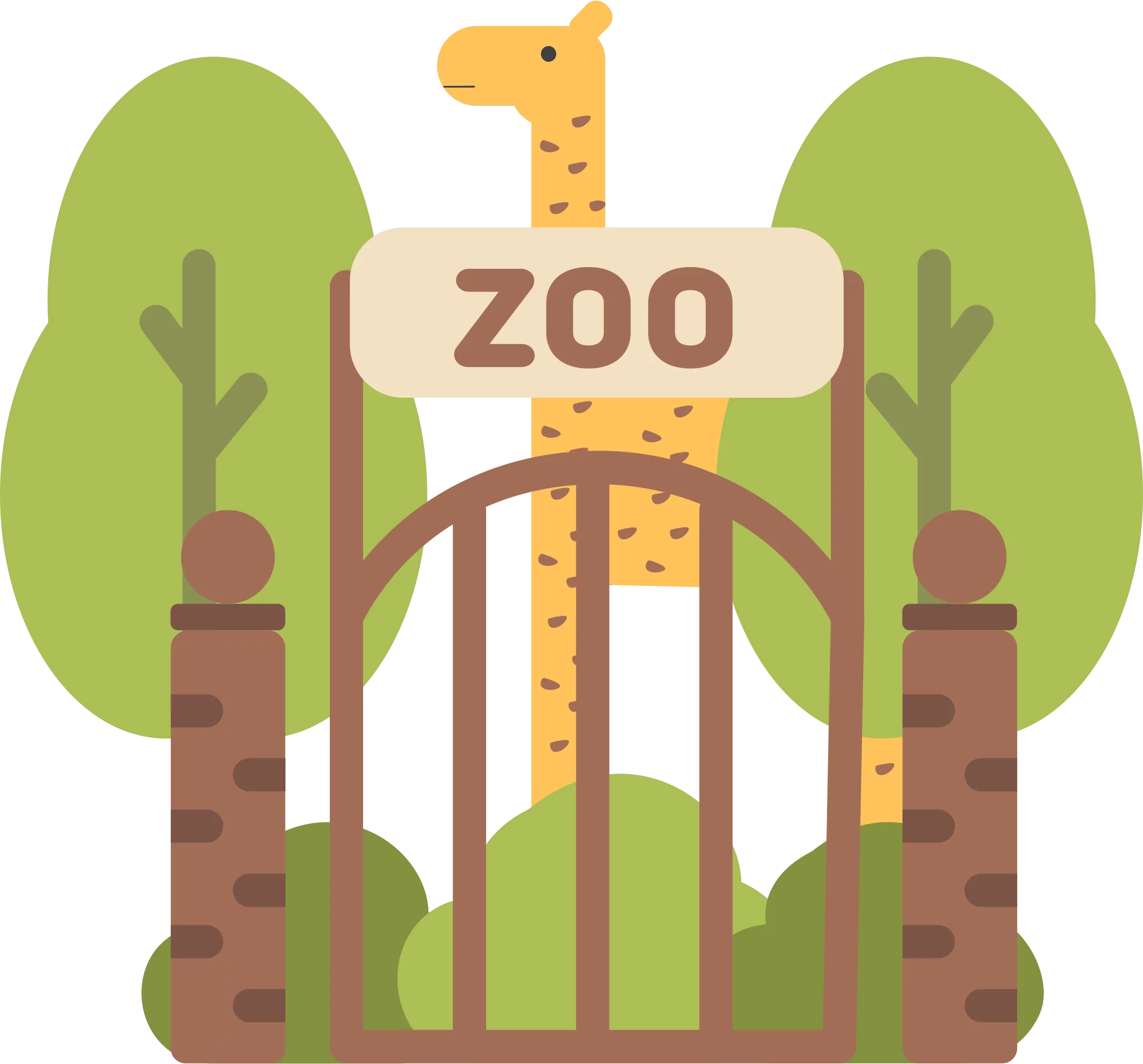 Adorable Zoo Entrance with Friendly Giraffe Peeking Over Gate Colorful Clipart