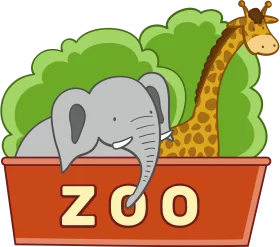 Cheerful Zoo Animals Clipart with Elephant and Giraffe Behind Red Sign