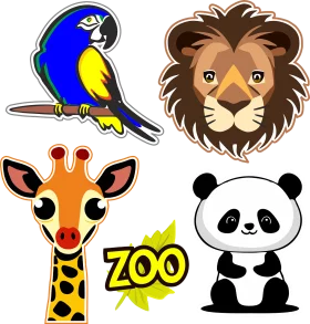 Colorful Zoo Animals Clipart Collection: Parrot, Lion, Giraffe, and Panda Illustrations