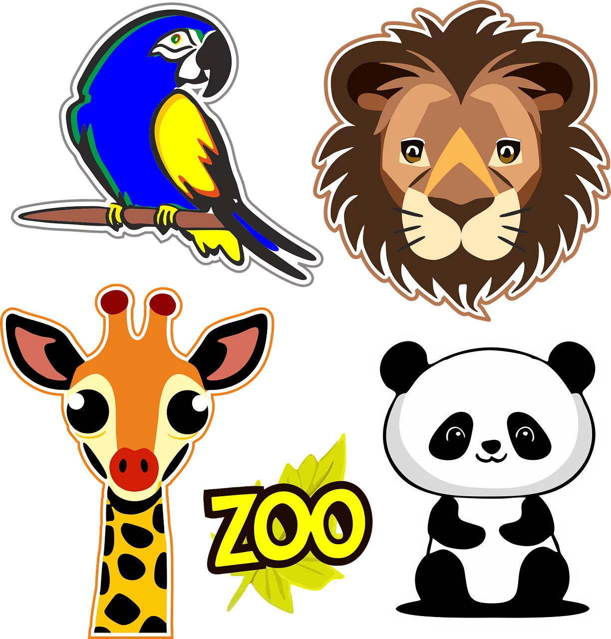 Colorful Zoo Animals Clipart Collection: Parrot, Lion, Giraffe, and Panda Illustrations