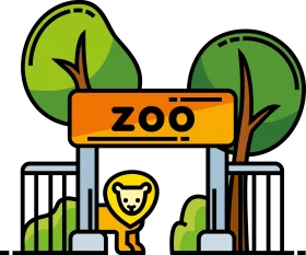 Colorful Zoo Entrance with Cartoon Lion and Stylized Green Trees Clipart Design