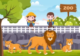 Family of Lions in Zoo Enclosure with Children Visitors - Colorful Clipart Scene