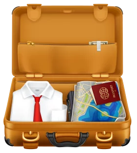 Open Travel Suitcase with Shirt, Tie, Map and Passport Clipart for Journey Planning