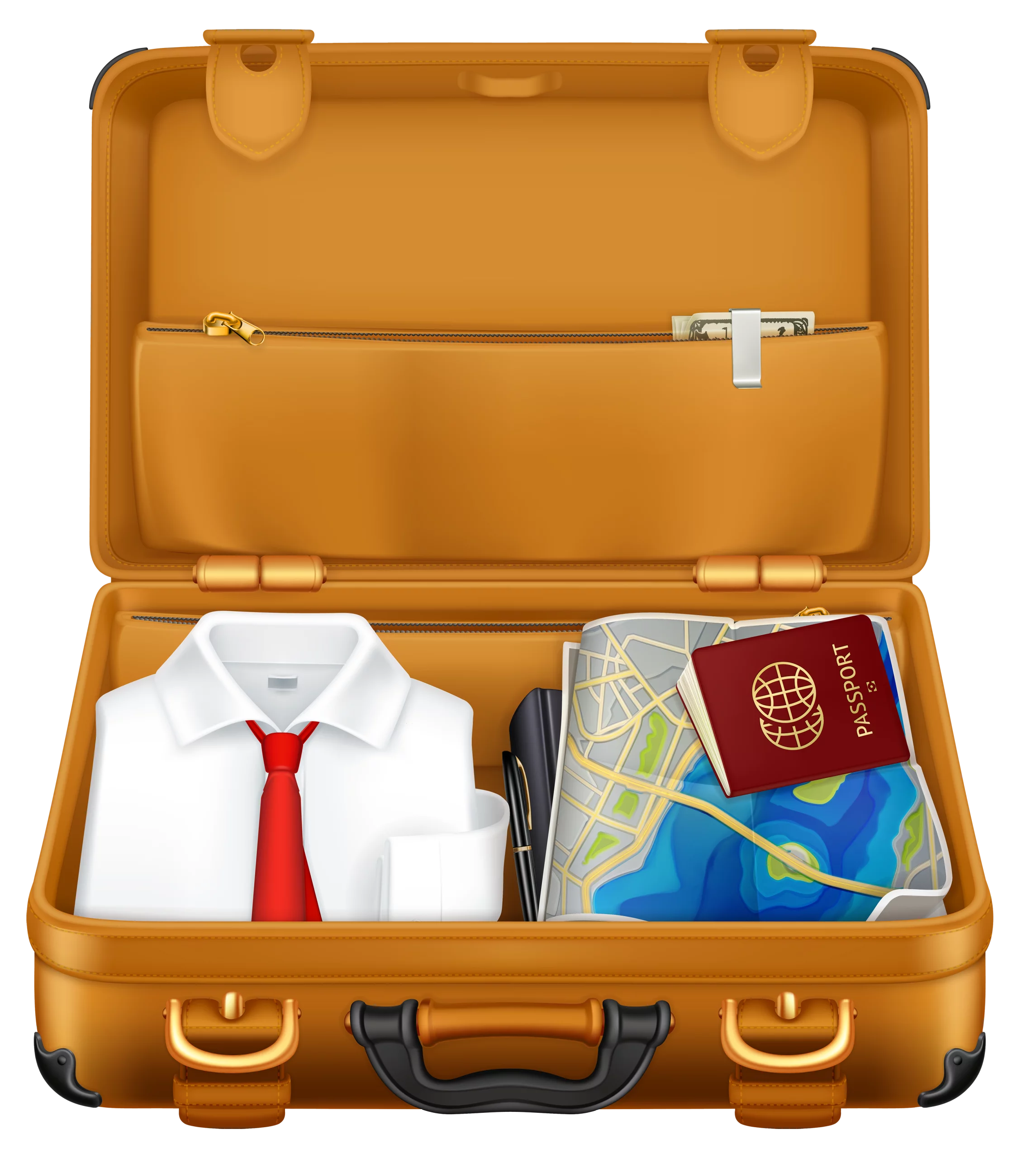 Open Travel Suitcase with Shirt, Tie, Map and Passport Clipart for Journey Planning