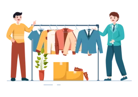 Two Men Browsing Trendy Fashion Clothing Rack in Modern Retail Store Clipart