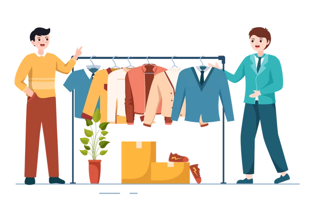 Two Men Browsing Trendy Fashion Clothing Rack in Modern Retail Store Clipart