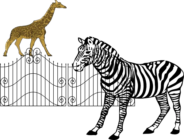 Wild Safari Encounter: Zebra and Giraffe Standing at Ornate Gate Clipart