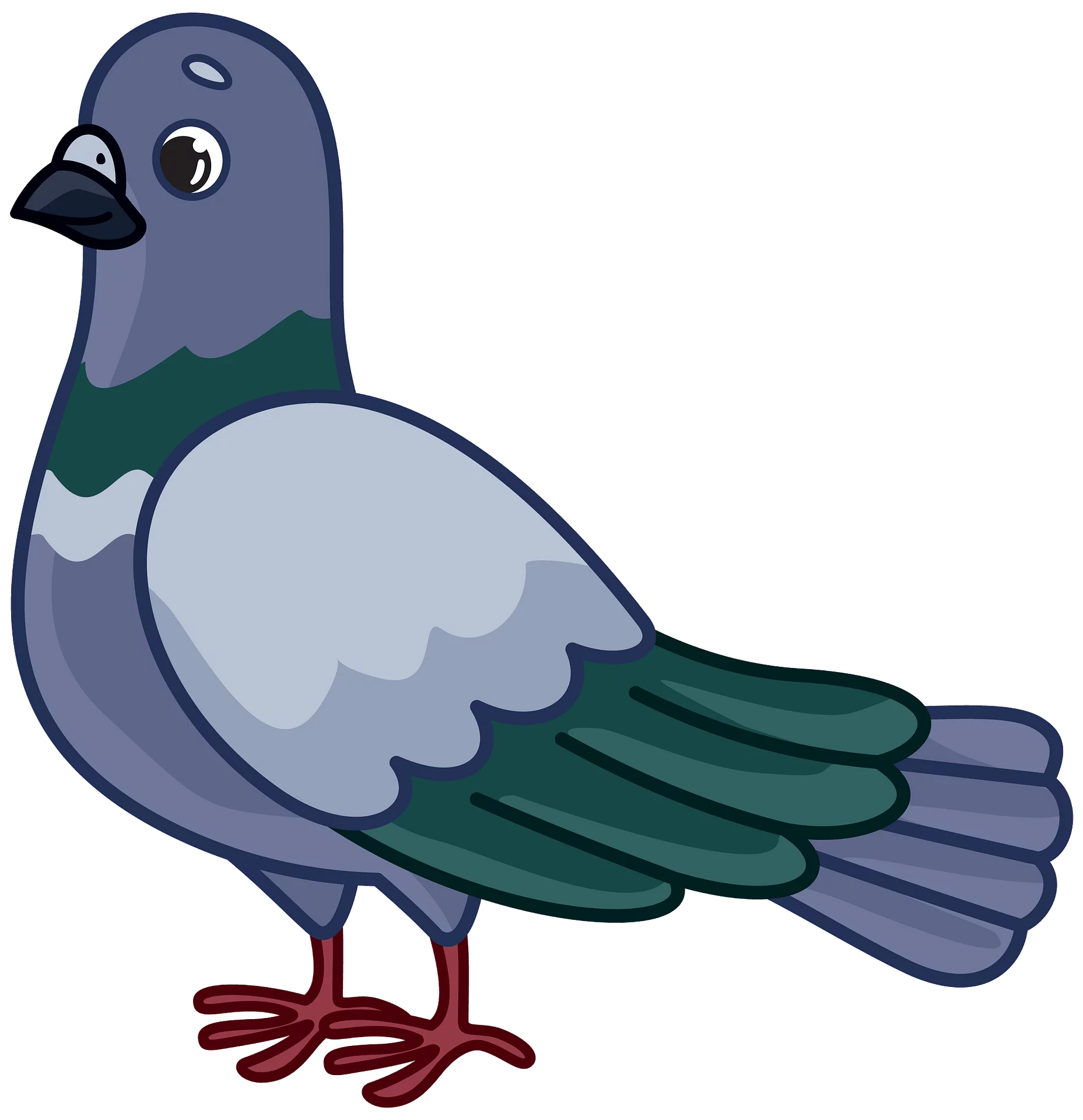 Adorable Blue-Gray Pigeon with Green Wings Standing Proudly in Cartoon Clipart Style