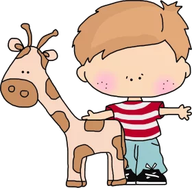 Adorable Child with Friendly Spotted Giraffe Cartoon Clipart for Children's Books