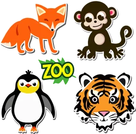 Adorable Zoo Animal Clipart Collection: Fox, Monkey, Penguin, and Tiger Cartoon Illustrations