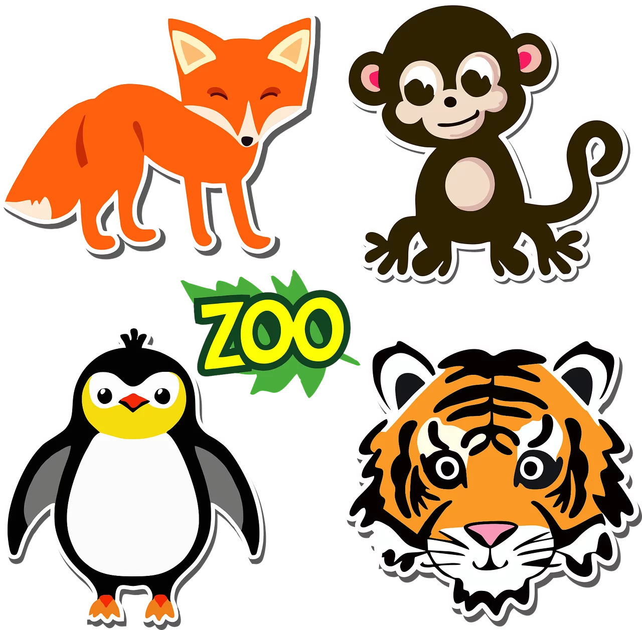 Adorable Zoo Animal Clipart Collection: Fox, Monkey, Penguin, and Tiger Cartoon Illustrations