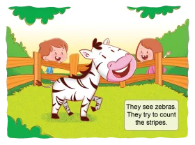 Cheerful Cartoon Zebra Clipart with Children Counting Stripes in a Green Meadow