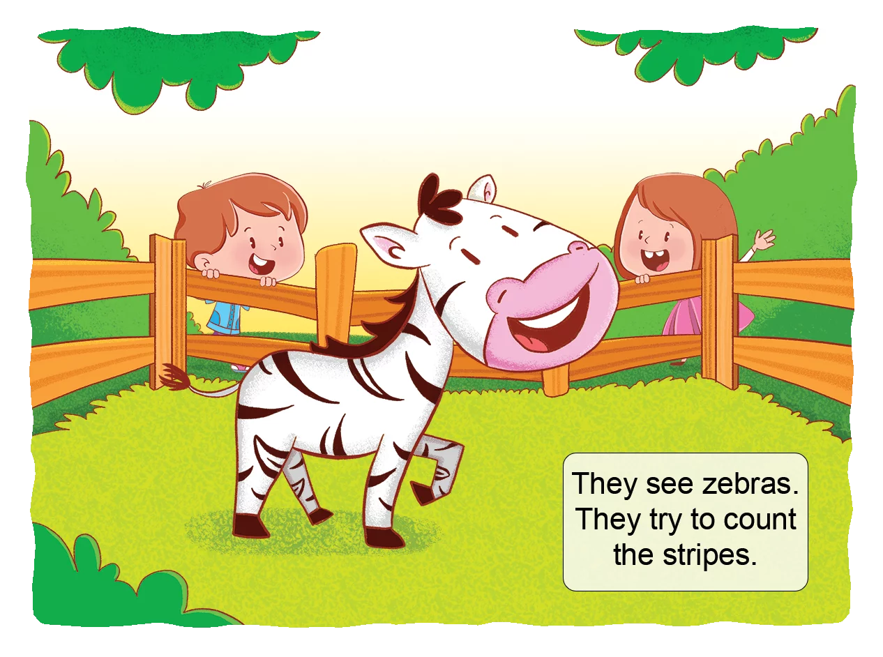 Cheerful Cartoon Zebra Clipart with Children Counting Stripes in a Green Meadow