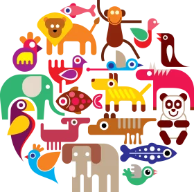 Colorful Animal Kingdom Collage Clipart: Vibrant Cartoon Wildlife in Circular Arrangement