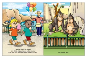 Colorful Children's Book Illustration Clipart: Kids Visiting Zoo Animals