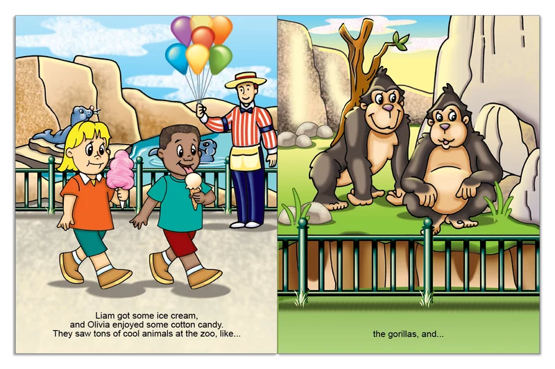 Colorful Children's Book Illustration Clipart: Kids Visiting Zoo Animals