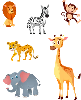 Colorful Jungle Safari Animals Collection in Cartoon Style Clipart