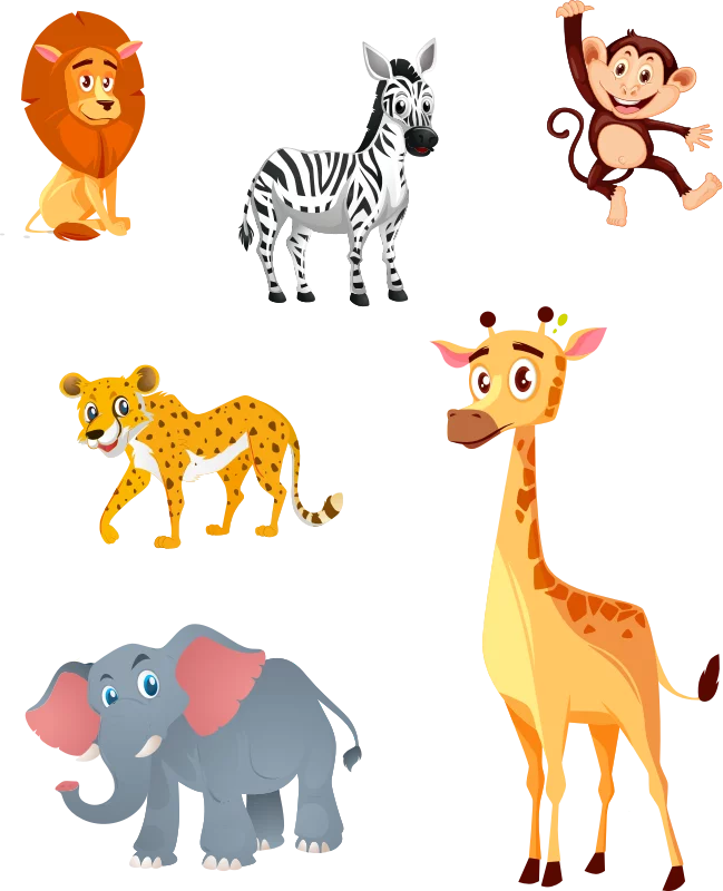 Colorful Jungle Safari Animals Collection in Cartoon Style Clipart