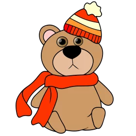 Cute Brown Teddy Bear with Orange Scarf and Striped Winter Hat Cartoon Clipart