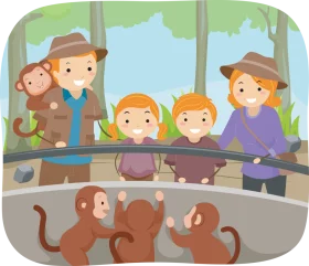 Family Adventure at the Zoo Observing Playful Monkeys in Enclosure Clipart