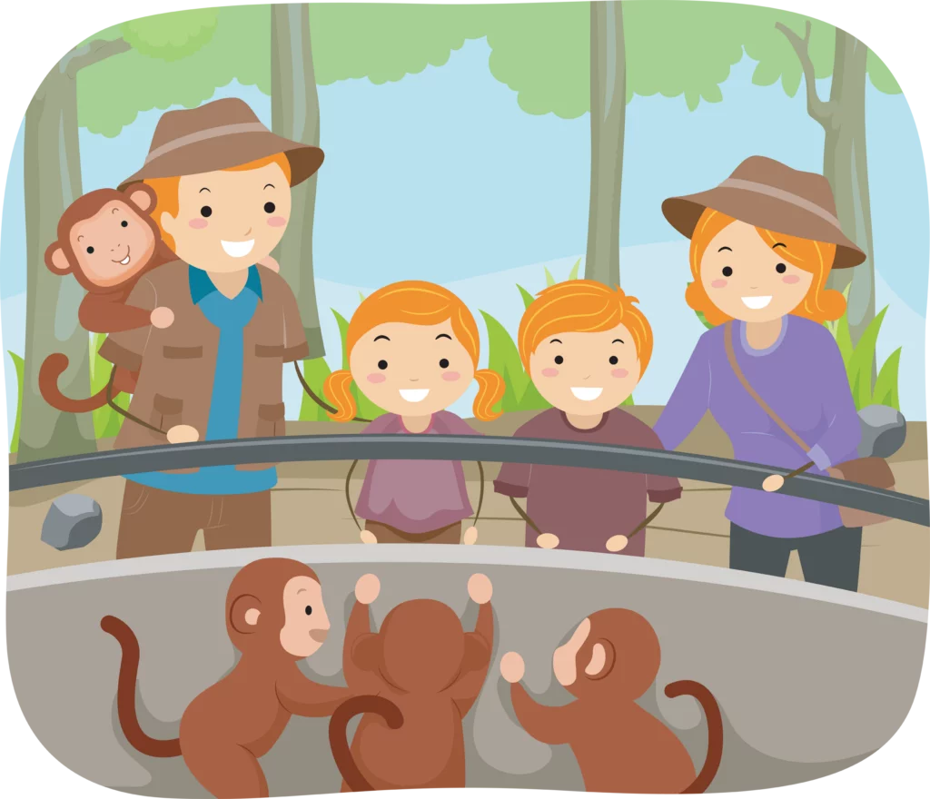 Family Adventure at the Zoo Observing Playful Monkeys in Enclosure Clipart