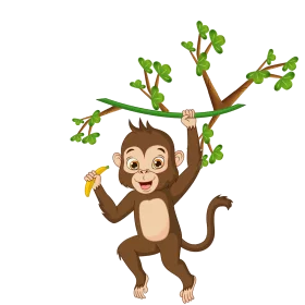 Playful Brown Monkey Hanging from Tree Branch with Banana Clipart Illustration