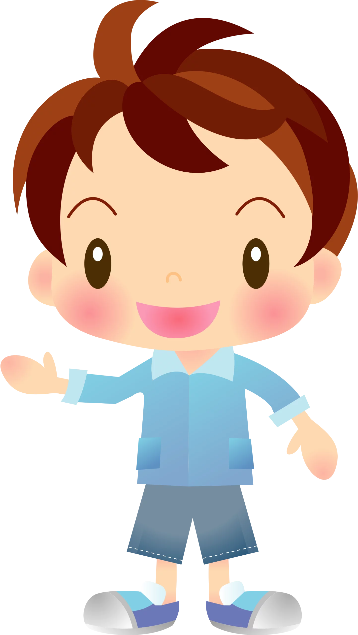 Adorable Cartoon Boy with Brown Hair in Blue Outfit Smiling Clipart