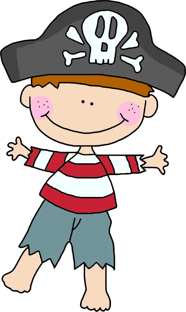 Adorable Child Pirate with Skull Hat and Red Striped Shirt Cartoon Clipart