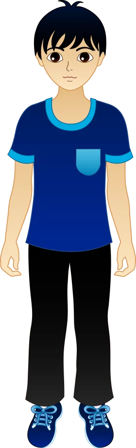 Cartoon Boy Character in Blue T-Shirt and Black Pants Standing Clipart