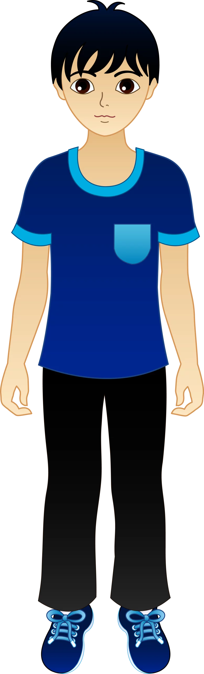 Cartoon Boy Character in Blue T-Shirt and Black Pants Standing Clipart