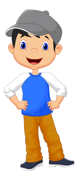 Cheerful Cartoon Boy in Gray Cap and Blue Shirt Standing Confidently Clipart