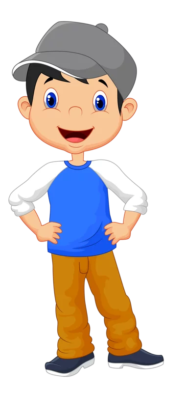 Cheerful Cartoon Boy in Gray Cap and Blue Shirt Standing Confidently Clipart