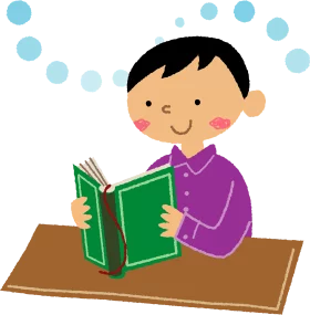 Cheerful Cartoon Child Reading Green Book at Desk with Blue Bubbles Clipart