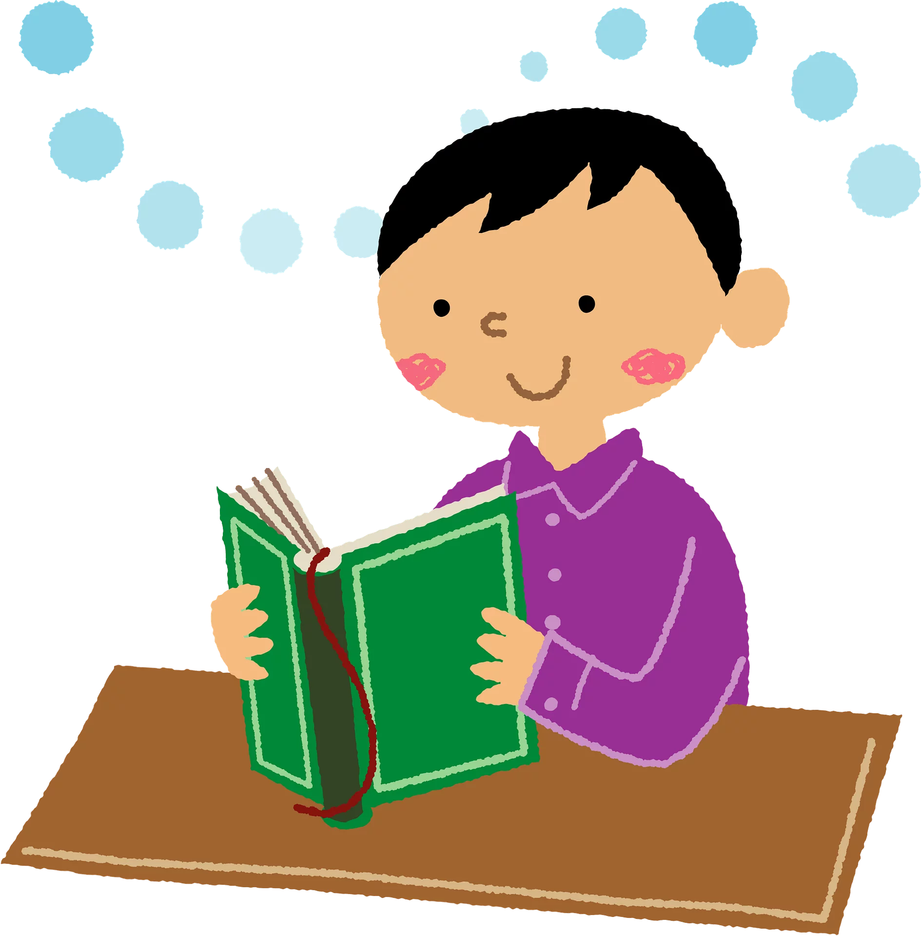 Cheerful Cartoon Child Reading Green Book at Desk with Blue Bubbles Clipart