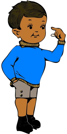 Cheerful Young Child in Blue Sweater Pointing with Confidence Cartoon Clipart