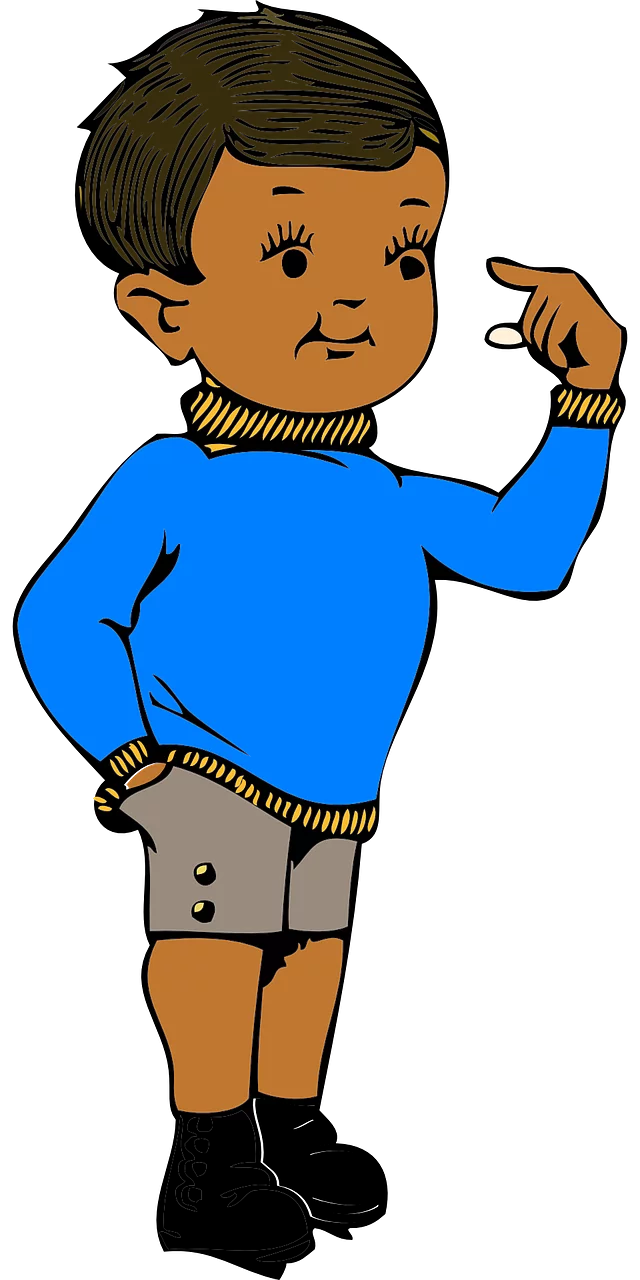 Cheerful Young Child in Blue Sweater Pointing with Confidence Cartoon Clipart