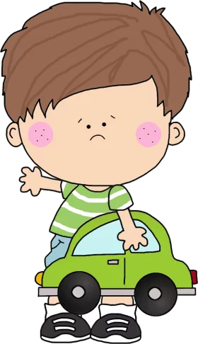 Cute Boy with Brown Hair Playing with Green Toy Car Cartoon Clipart