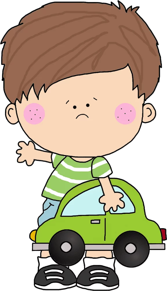 Cute Boy with Brown Hair Playing with Green Toy Car Cartoon Clipart