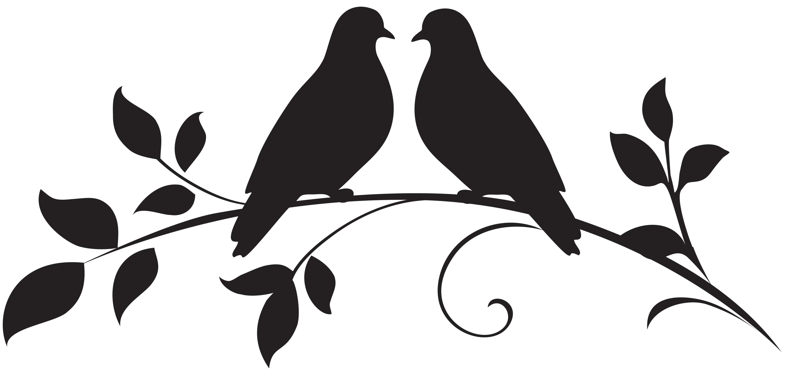 Elegant Silhouette of Love Birds Perched on Leafy Branch Nature Clipart Design