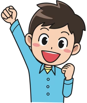 Enthusiastic Cartoon Boy in Blue Shirt Raising Hand Victory Pose Clipart