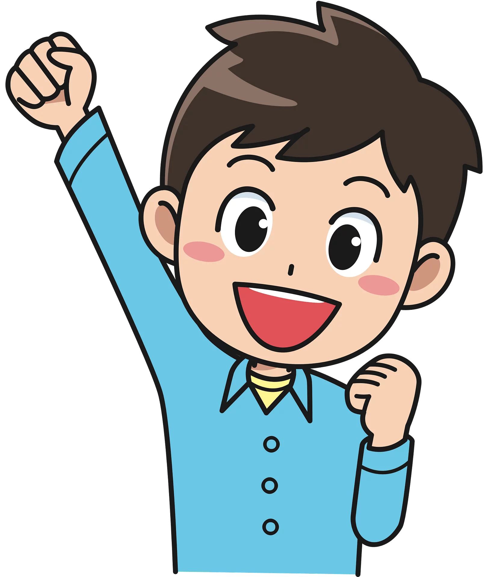 Enthusiastic Cartoon Boy in Blue Shirt Raising Hand Victory Pose Clipart