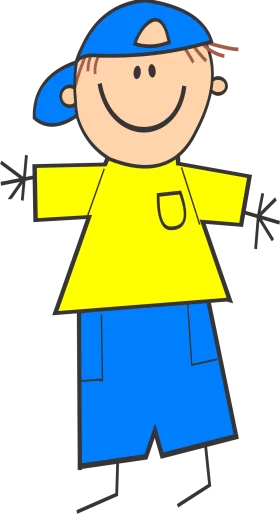 Smiling Stick Figure Boy in Yellow Shirt and Blue Cap Cartoon Clipart