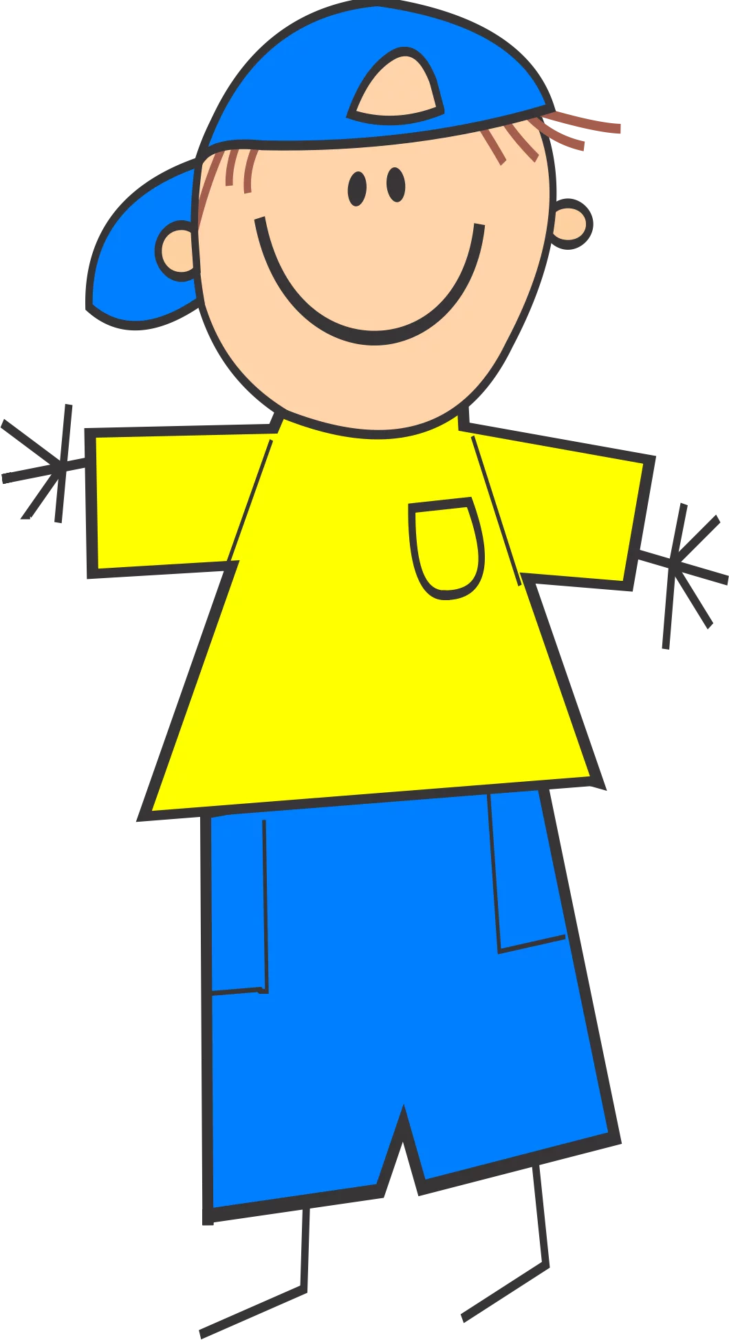 Smiling Stick Figure Boy in Yellow Shirt and Blue Cap Cartoon Clipart