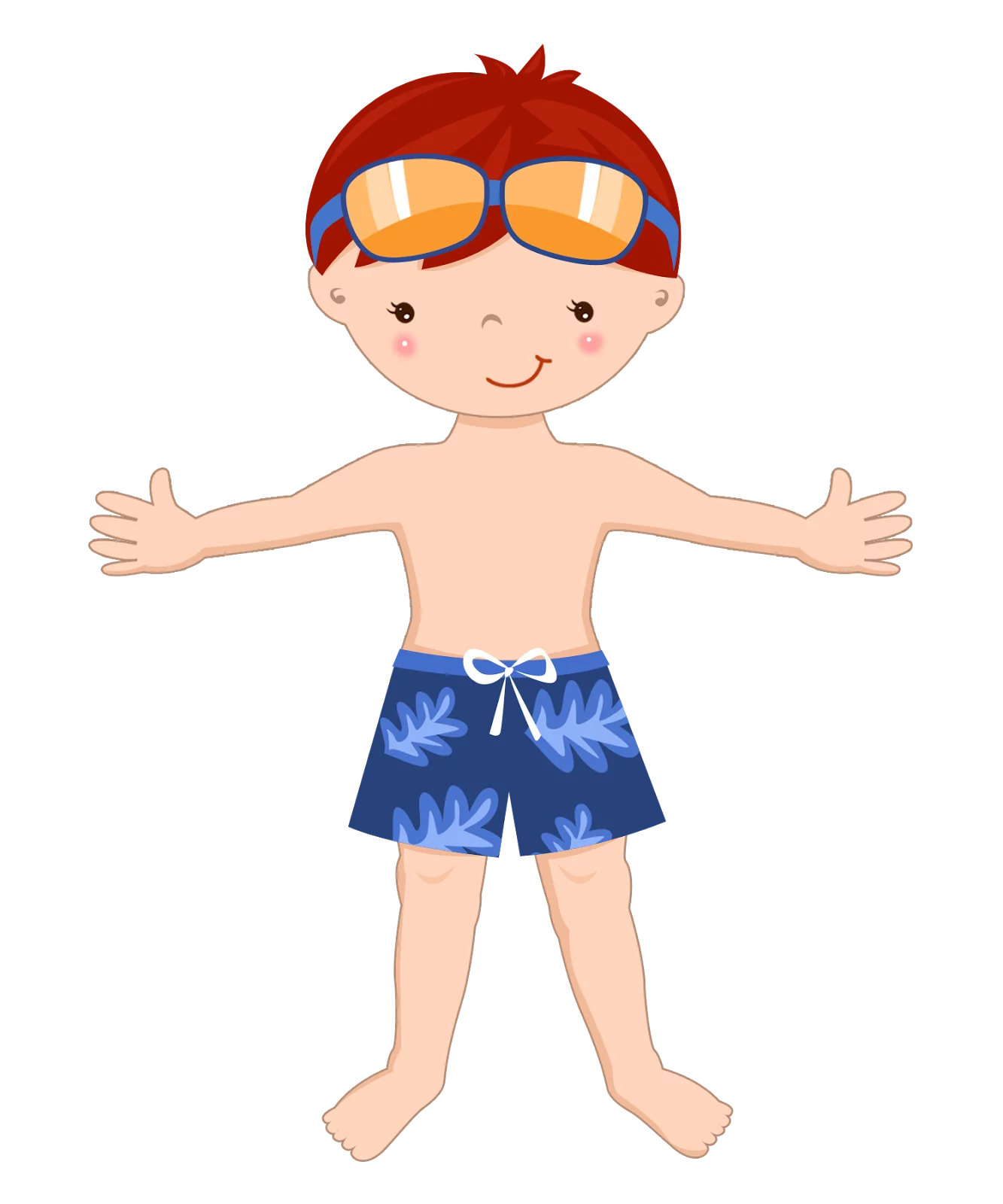 Adorable Beach Boy with Sunglasses and Blue Swim Shorts Summer Fun Clipart