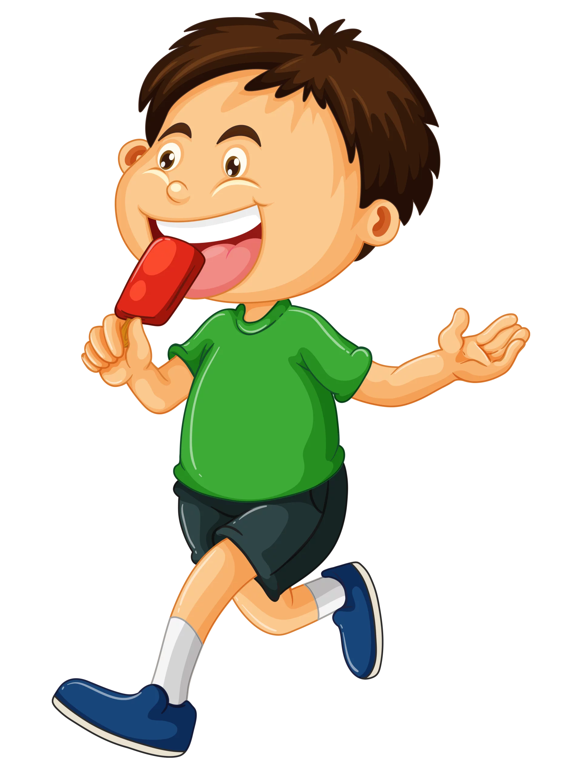 Cheerful Cartoon Character in Green Shirt Enjoying Red Popsicle Clipart Illustration