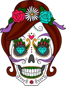 Colorful Female Sugar Skull with Flower Crown Traditional Mexican Day of the Dead Clipart