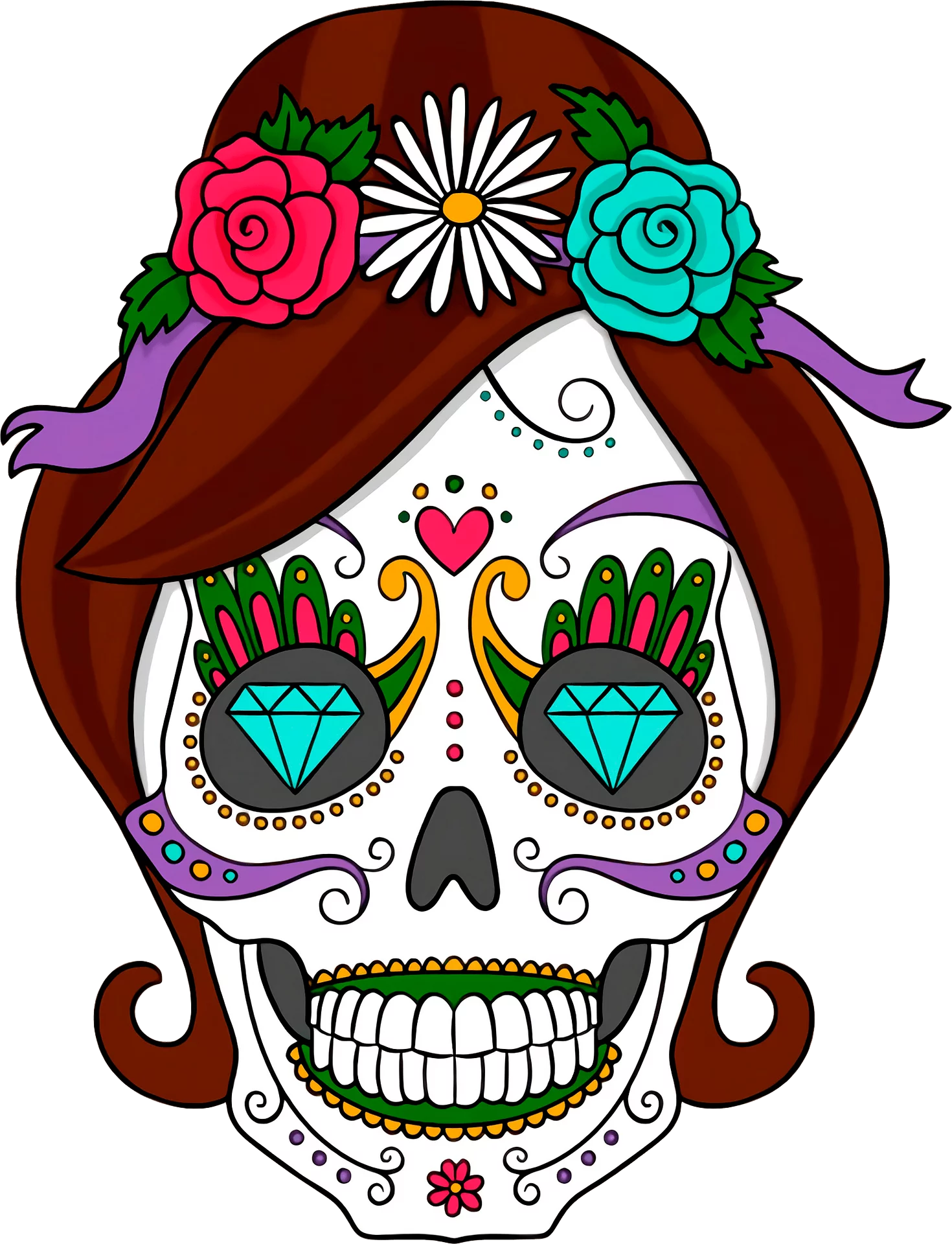 Colorful Female Sugar Skull with Flower Crown Traditional Mexican Day of the Dead Clipart